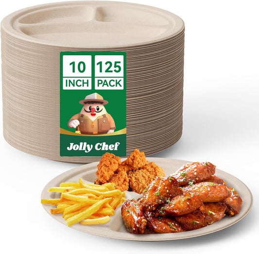 JOLLY CHEF Compostable 𝟯 Compartment Paper Plates 𝟭𝟬 𝗜𝗻𝗰𝗵 [𝟭𝟮𝟱 𝗣𝗮𝗰𝗸] Heavy Duty Divided Disposable Eco-Friendly Bagasse Biodegradable Round Trays for Party Dinner Thanksgiving Day(Brown)