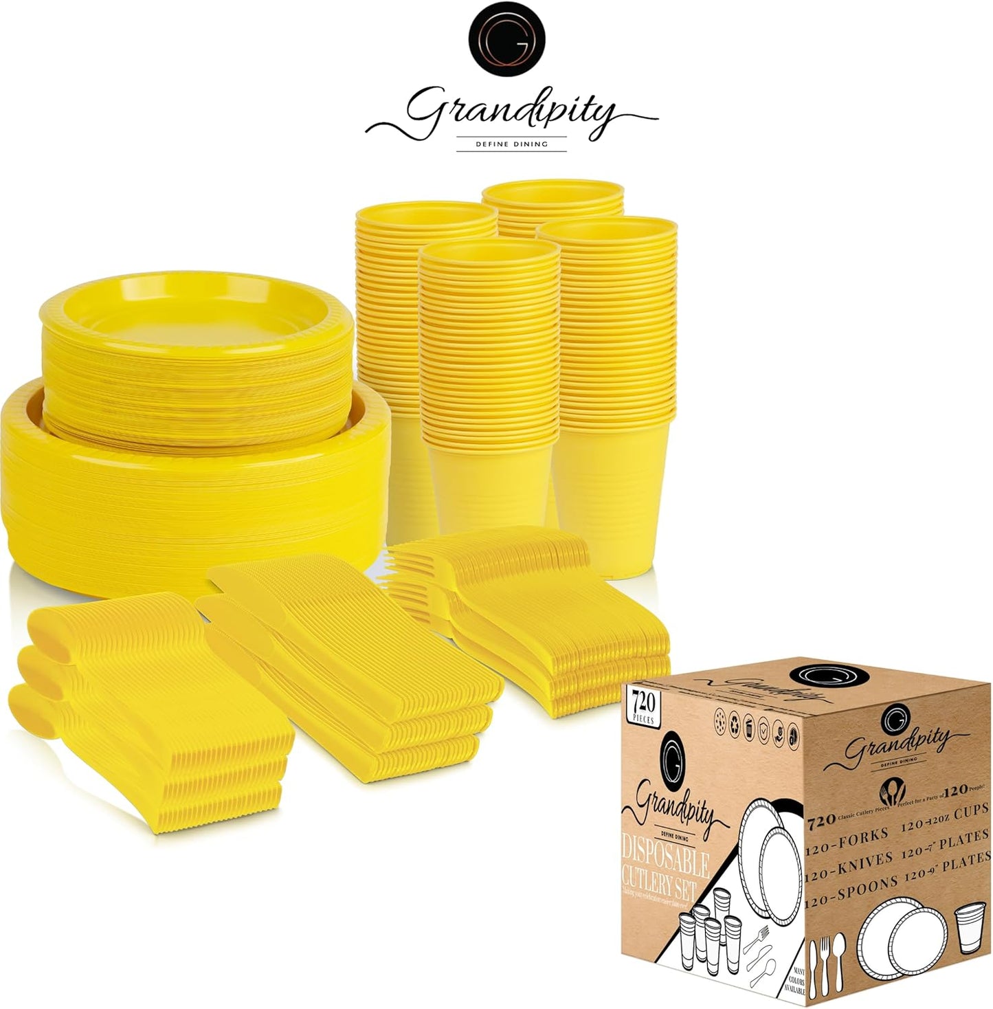 Grandipity 720 Piece Yellow Disposable Dinnerware Set, Plastic Dinnerware Set Includes 120 Count 9' Dinner Plates, 7' Dessert Plates, 12oz Cups, Forks, Knives & Spoons