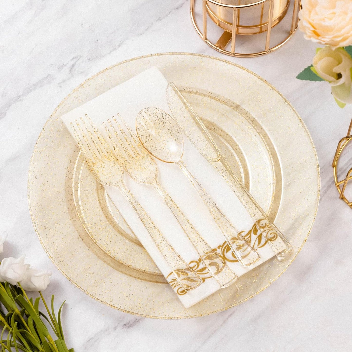 Goodluck 175 Piece Dinnerware Set for 25 Guests, Plastic Plates Disposable for Party, Include: 50 Gold Glitter Plastic Plates, 25 Paper Napkins, 25 Cups, 25 Gold Glitter Silverware Set