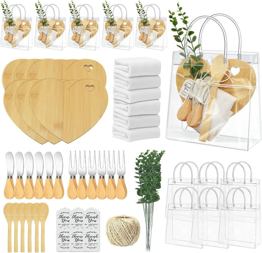 AZEAM 55Pcs Baby Shower Prizes for Game Winners, Bridal Shower Prizes with 6 Sets Heart Cheese Board Spoon Fork Butter Knife Towel Card Plastic Bag Branch, Wedding Shower Favors for Guests