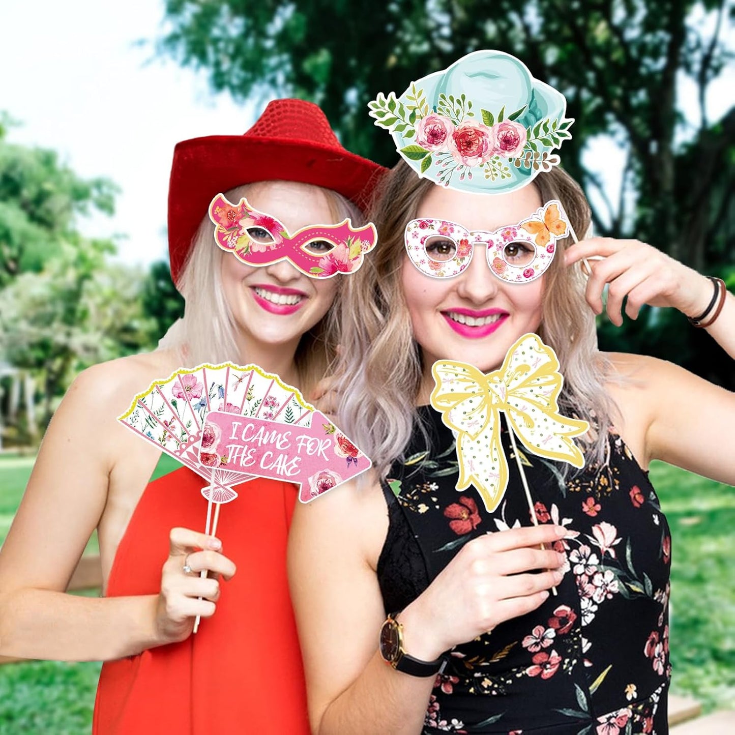 SUNBEAUTY 36 Pcs Tea Party Photo Booth Props - Pink, White, Green - Floral Pattern - Paper Material - Perfect for Parties