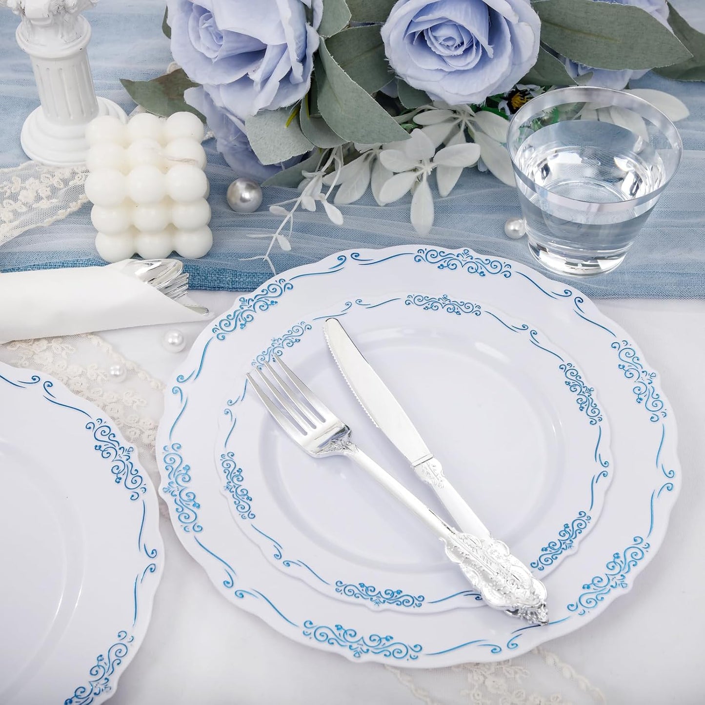 DaYammi 350Pcs Blue and White Plastic Plates Disposable Blue Plates for Party Include 50 Dinner plate,50 Dessert plate- 50 Per Rolled Napkins with Silver Cutlery- 50 Disposable Cups 9 OZ for Wedding