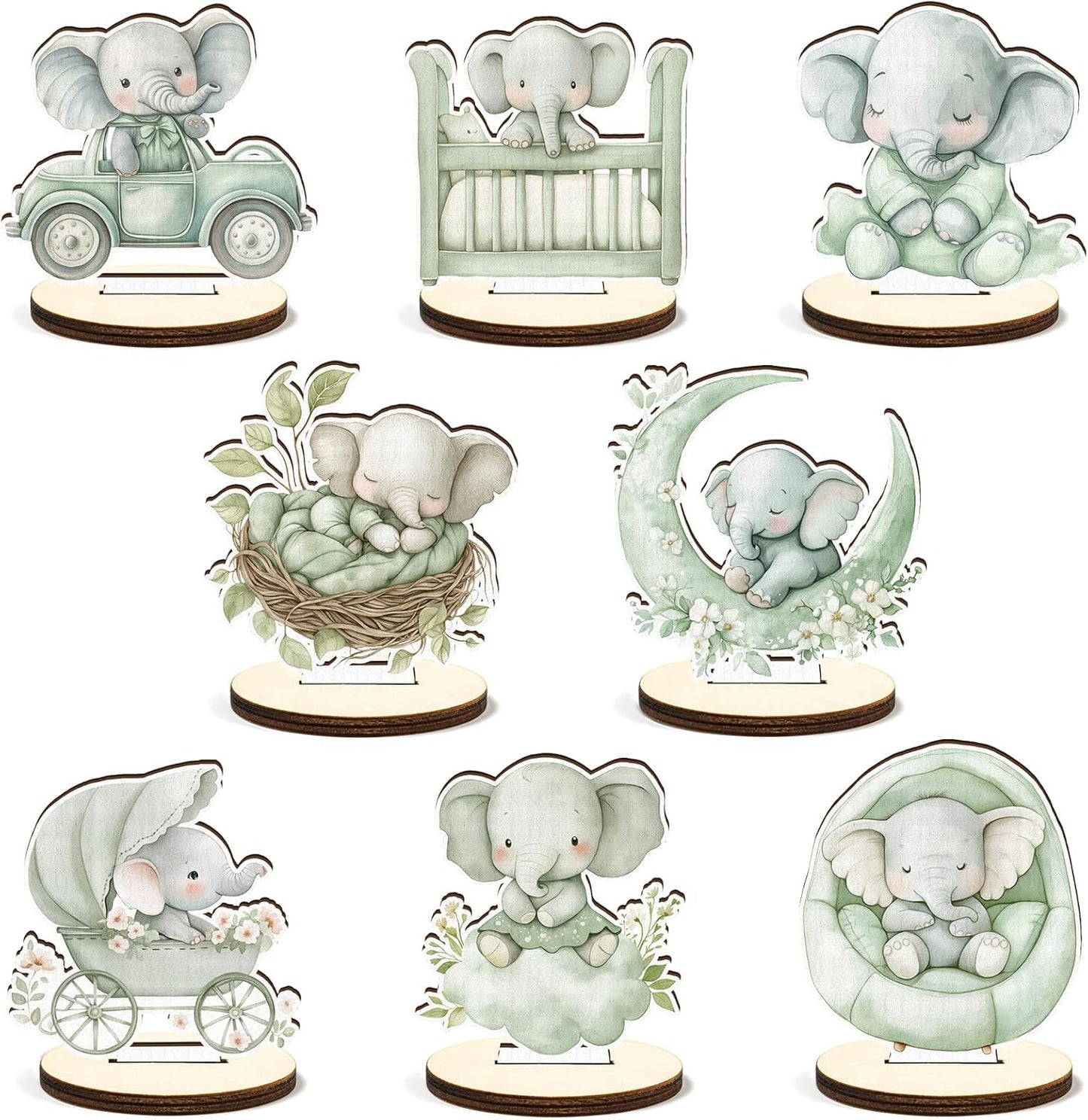 16 Pcs Wooden Baby Shower Table Centerpiece Sage Green Elephant Tabletop Detachable Sign Boy Or Girl Gender Reveal Table Toppers Display Decoration Elephant Birthday Photo Props Party Favor Supplies