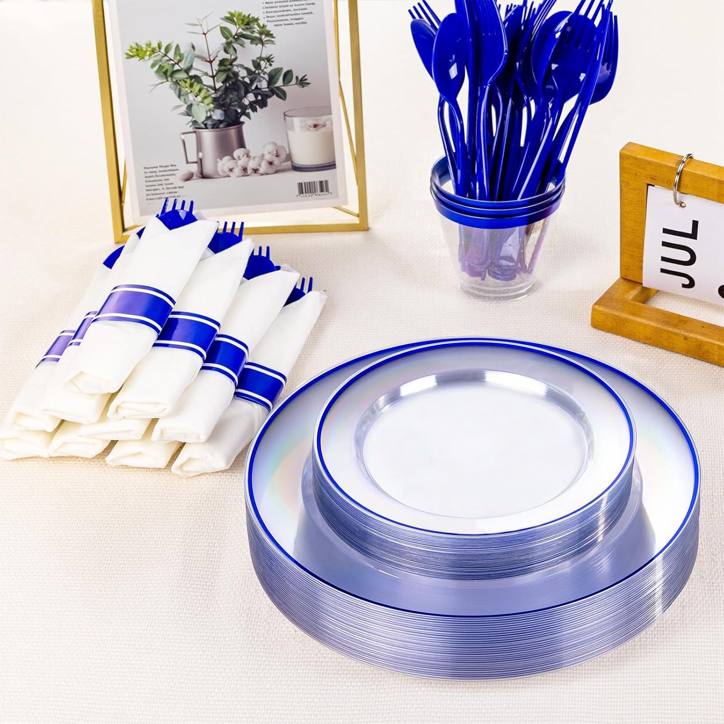 SUT 175 Pcs Blue and Clear Plastic Dinnerware Set for 25 Guests, Include: 25 Dinner Plates, 25 Dessert Plates, 25 Pre Rolled Napkins With Silverware, 25 Cups, Disposable Plates for Party, Wedding