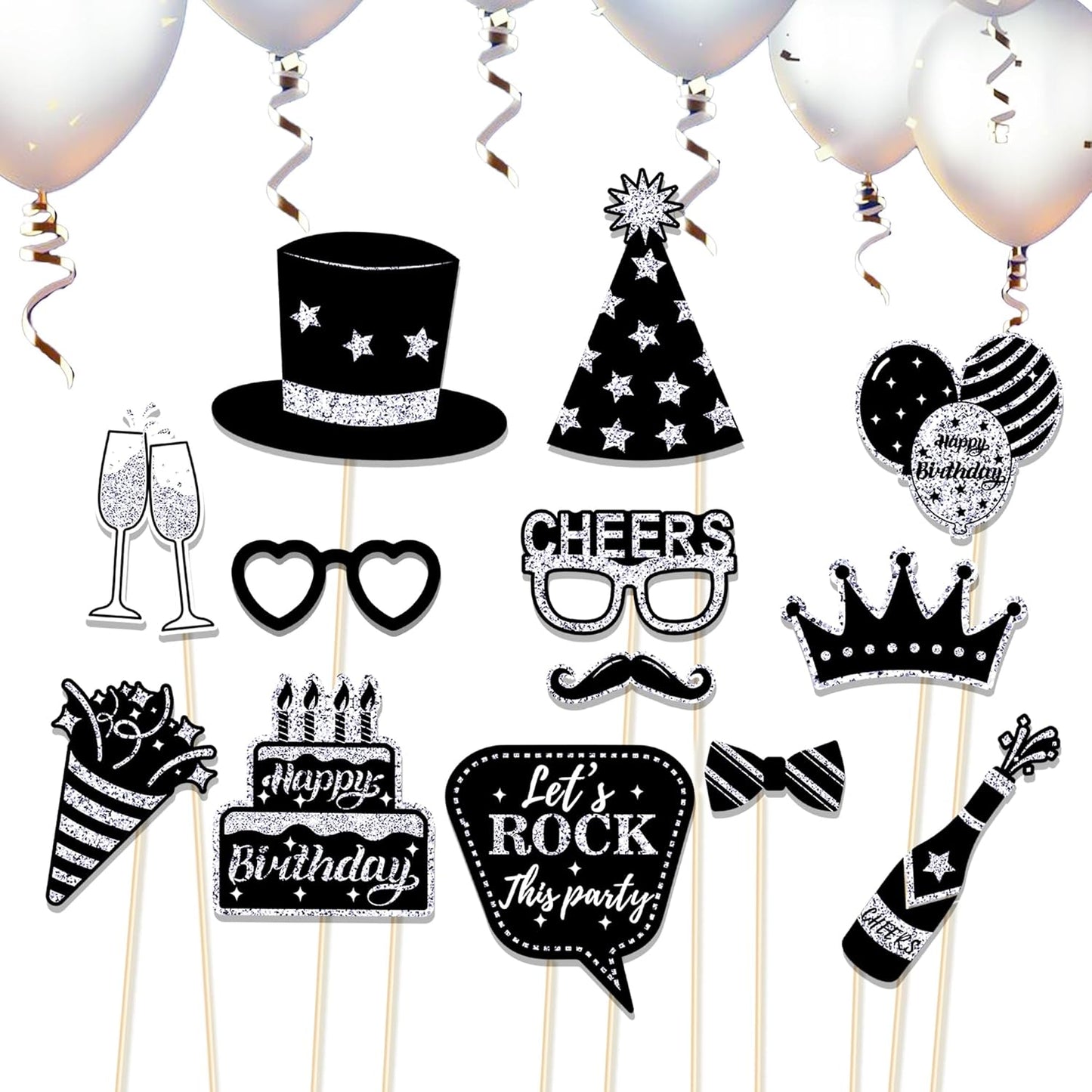 30 Pcs Silver Birthday Photo Booth Props Black Birthday Props 2026 Birthdays Decorations Backdrop Decorations Birthdays Props for Photography