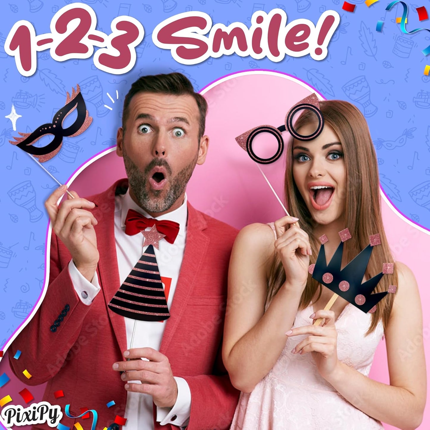 Premium Birthday Photo Booth Props Kit - 30 pc, Pink Glitter - Happy Birthday Party Fun Photobooth Selfie Accessories - for Adults & Kids - Funny Photoshoot w/Friends - by PixiPy