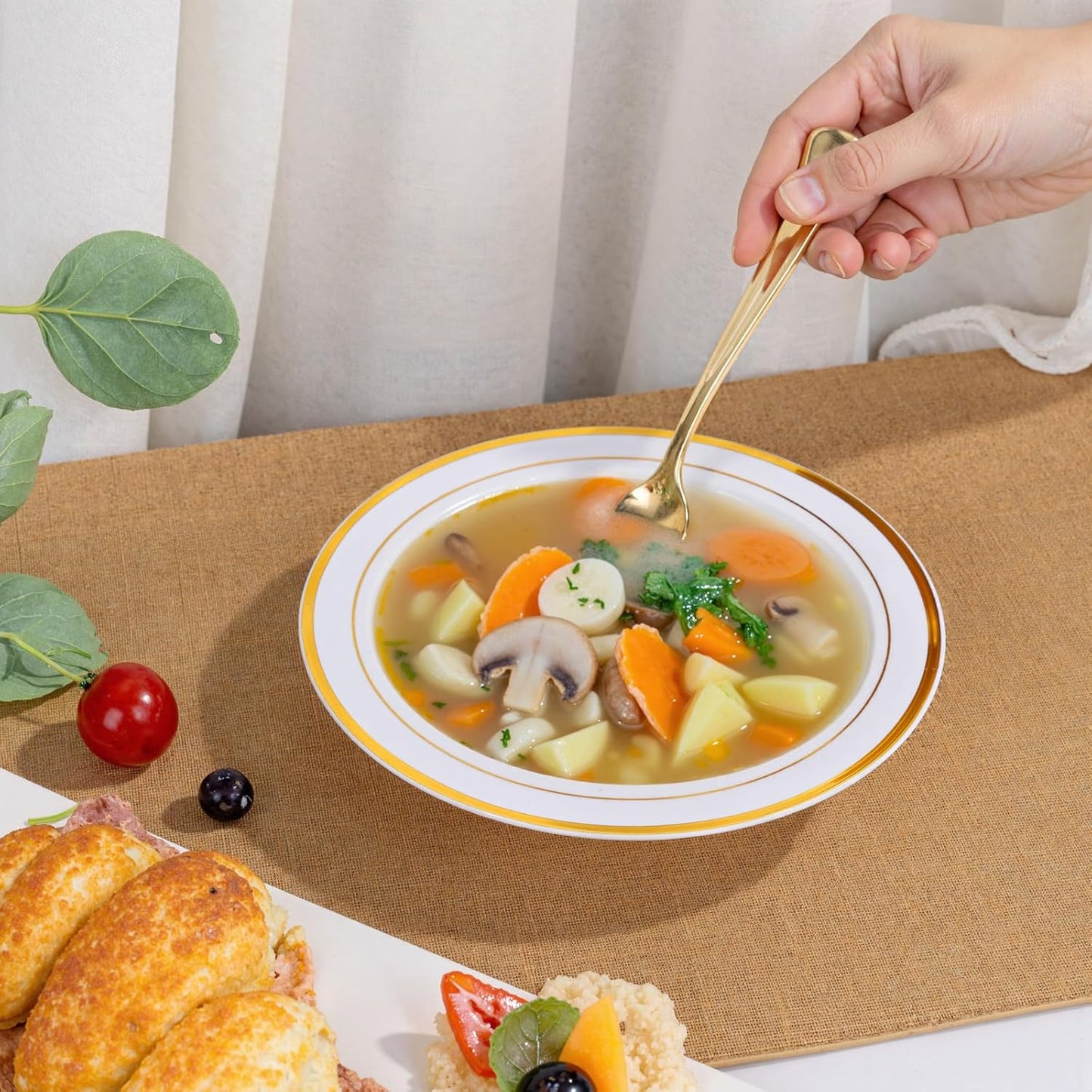 bUCLA 60 Pack Plastic Bowls with Gold Rim - 12 oz Plastic Soup Bowls Disposable for Wedding, Party, Gathering & Thanksgiving