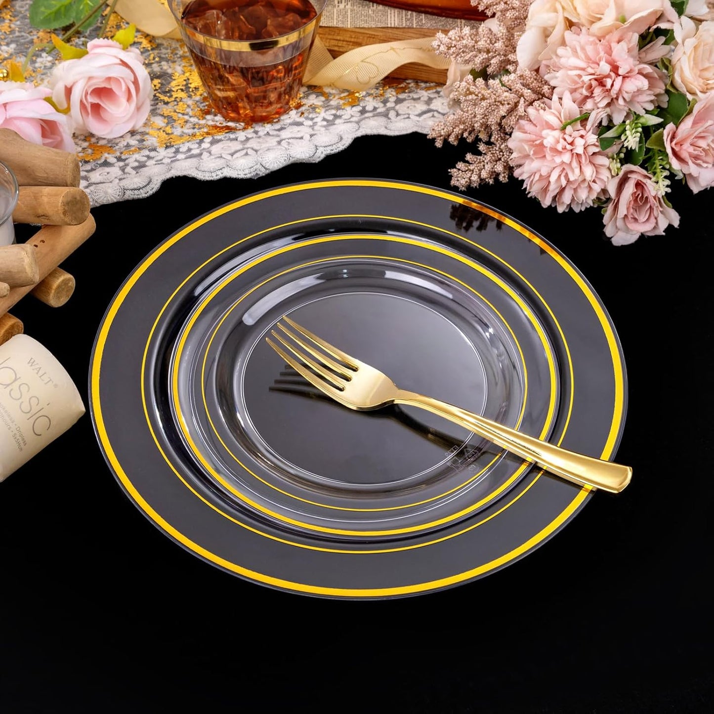 I00000 50 Guests Clear Gold Plastic Plates, Gold Disposable Dinnerware Set Includes: 100 Plastic Plates, 50 Silverware Set, 50 Disposable Cups, 50 Napkins Perfect for Party & Wedding
