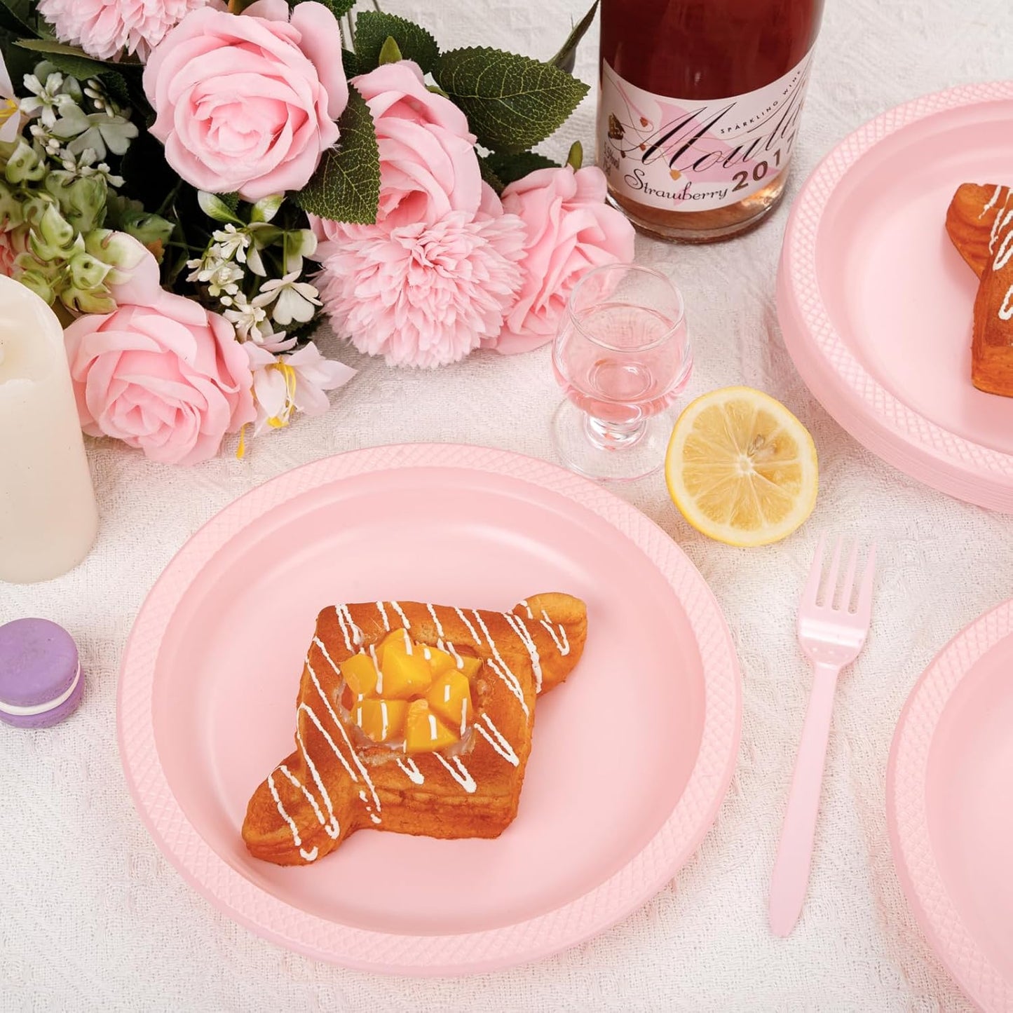 WELLIFE Pink Plastic Plates 9 Inch -150 Count for Party, Disposable Plastic Party Plates for Easter Mother's Day Baby Shower Dinner Dessert Cake Light Pink