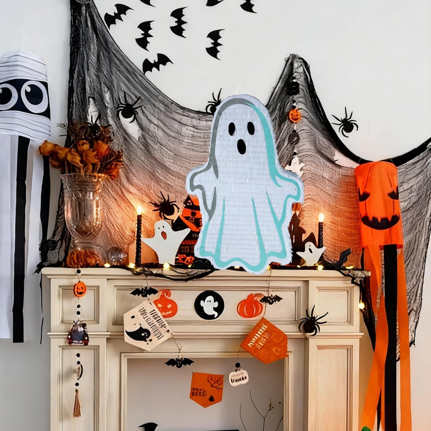 PCFING 21.6 Inch Halloween Ghost Piñata with 30 Inch Piñata Stick Blindfold Confetti for Boy Girl Adults Halloween Scary Party Decorations，Candy Game，Trick Treat Party