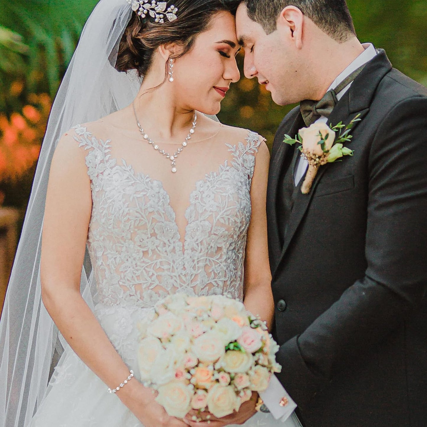 EVER FAITH Bridal Cubic Zirconia Jewelry Sets for Women, White Simulated Pearl Leaf Vine Pendant Wedding Party Necklace Earrings Set for Bridesmaid Bride