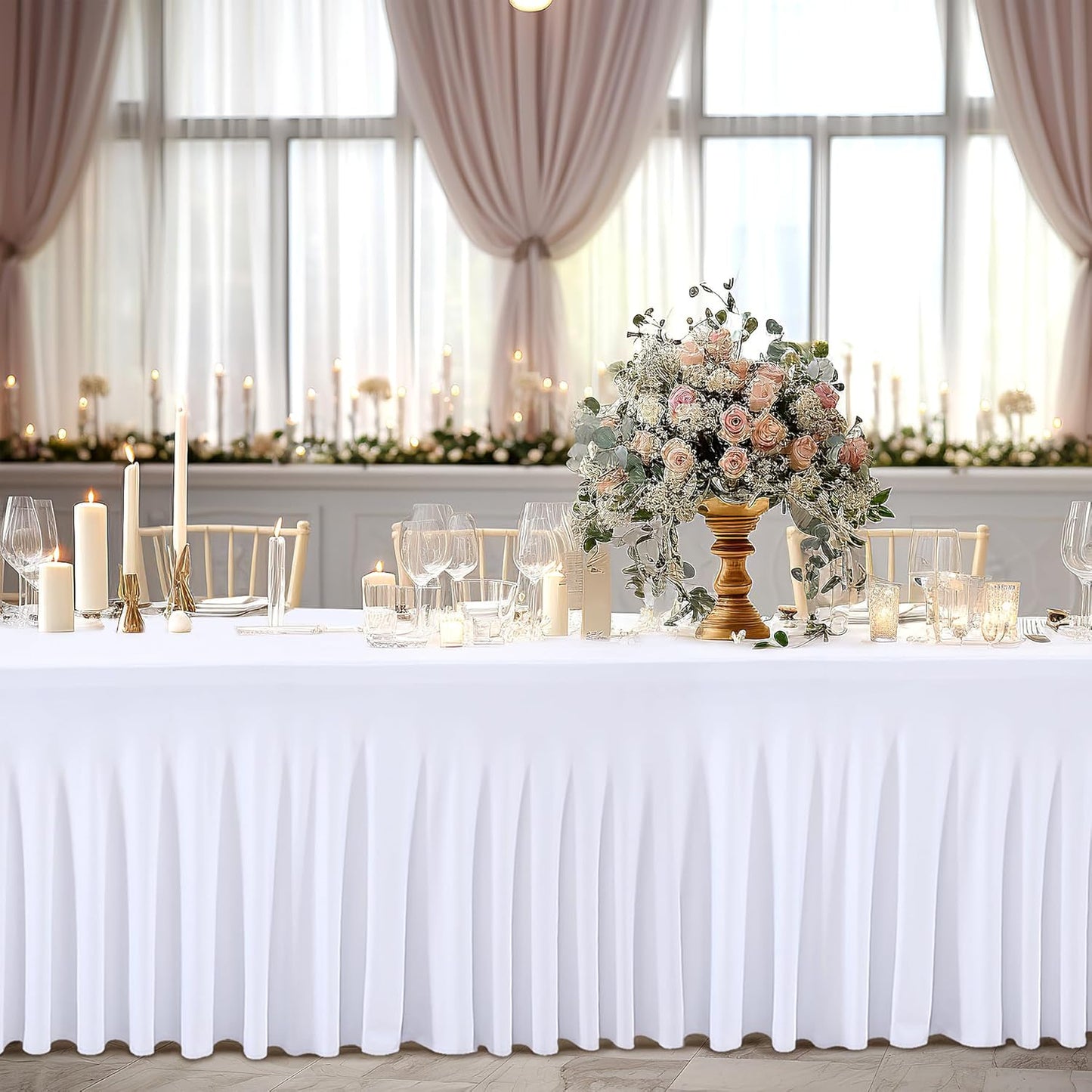 4 Packs White Table Clothes for 8 Foot Rectangle Tables, One-Piece Wrinkle Resistant Stretch Spandex Table Covers with Skirt for Event Banquet Wedding Birthday Party