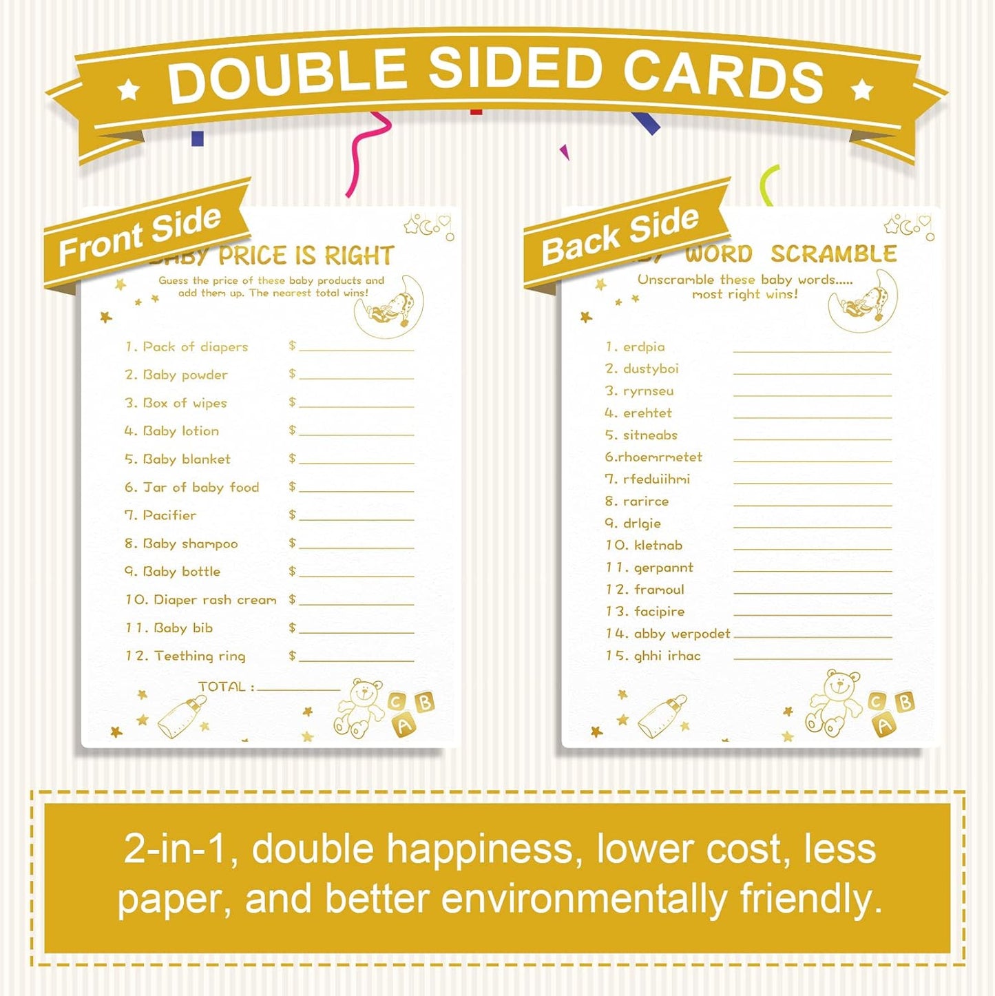 Baby Shower Games for Boy or Girl-2 Games(50 of Each),Double-Sided,Thick Cardboard,with Answer Keys