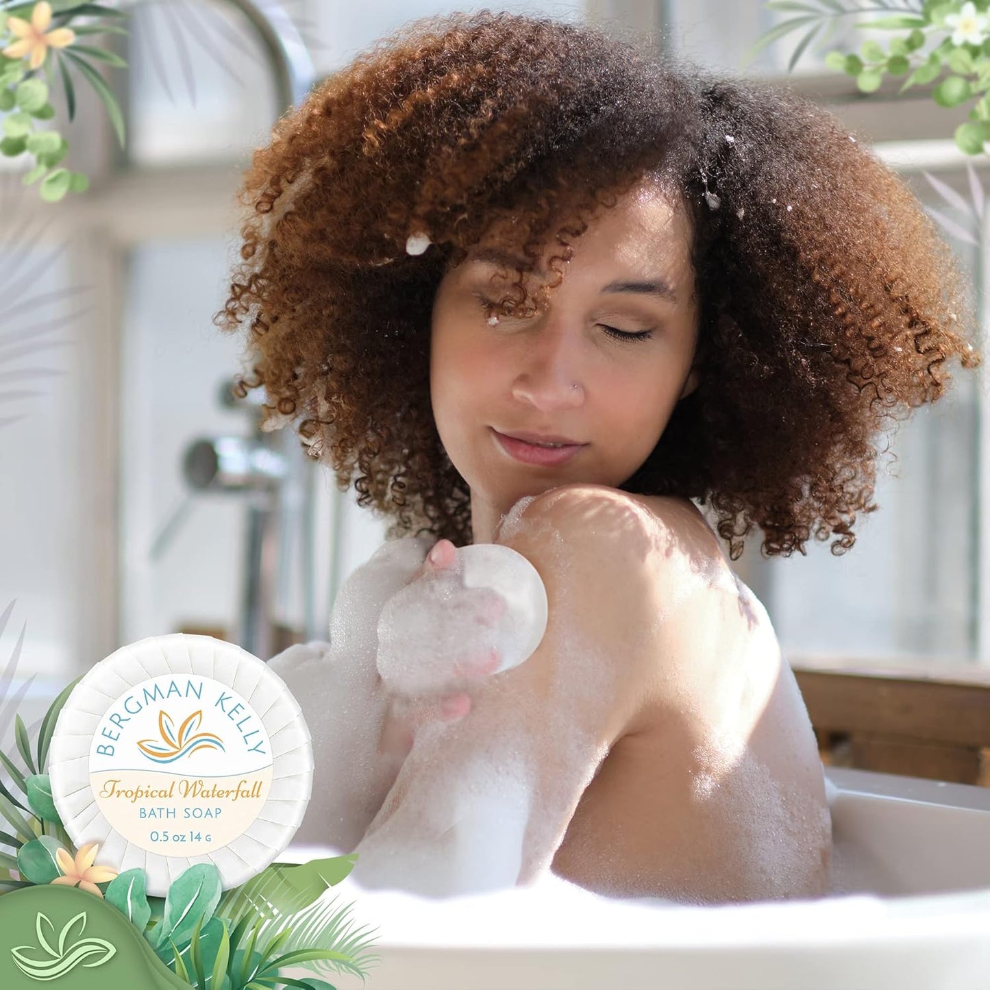 BERGMAN KELLY - Hotel Soap Bars in Bulk - Tropical Waterfall, 0.5 oz, 200 PK - Small Individually Wrapped Round Soap - Travel Size Mini Toiletries for Airbnb, Motel, Guest Bathroom