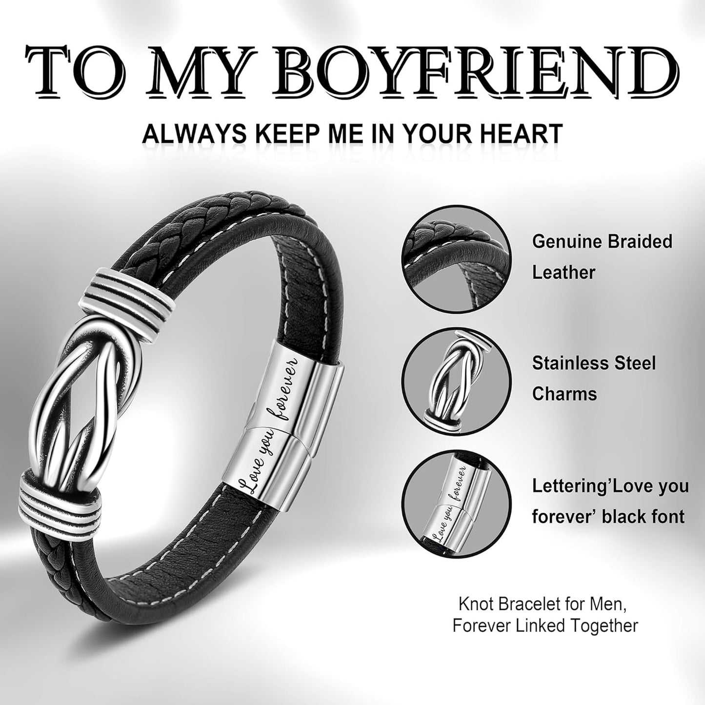 𝗞𝗻𝗼𝘁 𝗕𝗿𝗮𝗰𝗲𝗹𝗲𝘁 𝗚𝗶𝗳𝘁𝘀 𝗳𝗼𝗿 𝗠𝗲𝗻 Brown Braided Leather Stainless Steel Infinity Bracelets Lettering Love You Forever Gifts for Son Grandson Husband Boyfriend Brother Always Linked Together