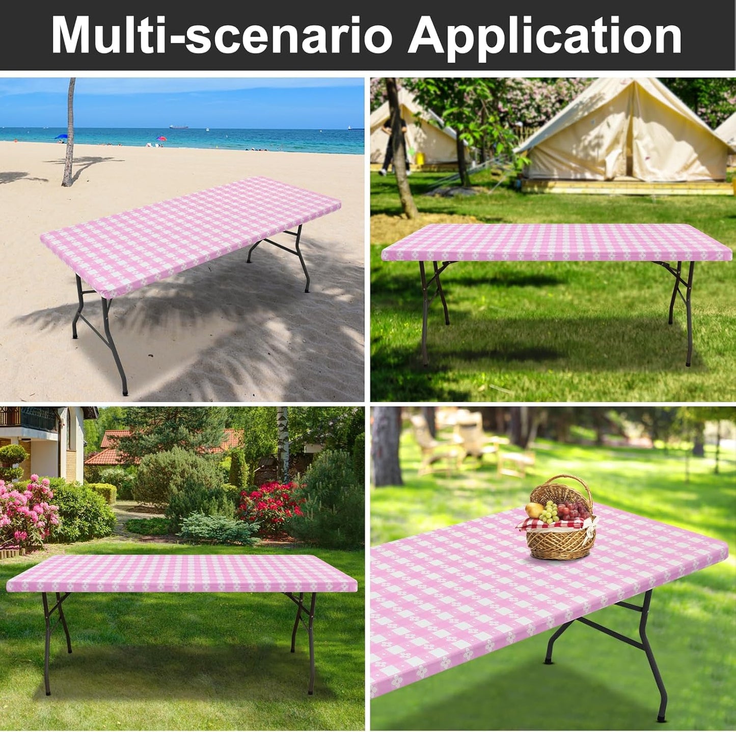 Rectangle Vinyl Table Cloth, Waterproof Elastic Fitted Tablecloth with Flannel Backing, Plastic Table Cover for Picnic, Camping, Outdoor (White & Pink, 30"x60")