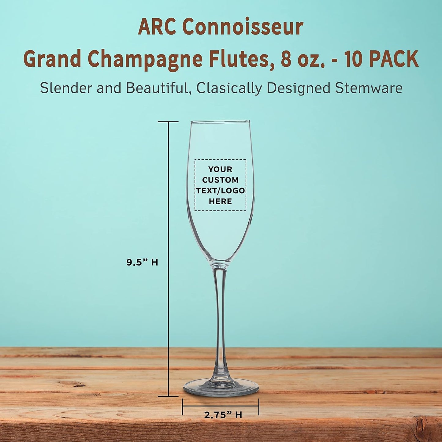 DISCOUNT PROMOS Custom ARC Connoisseur Champagne Flutes 8 oz. Set of 10, Personalized Bulk Pack - Elegant Drinkware for Weddings, Events, & Promotional Gifts - Clear