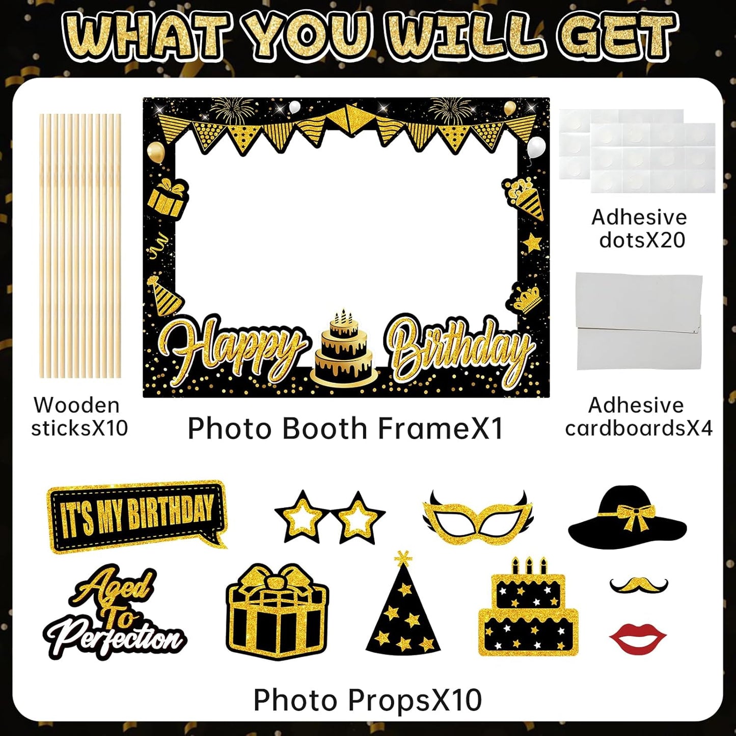 Birthday Party Decorations for Boys & Girls - Black & Gold Photo Booth Props & Selfie Frame Set