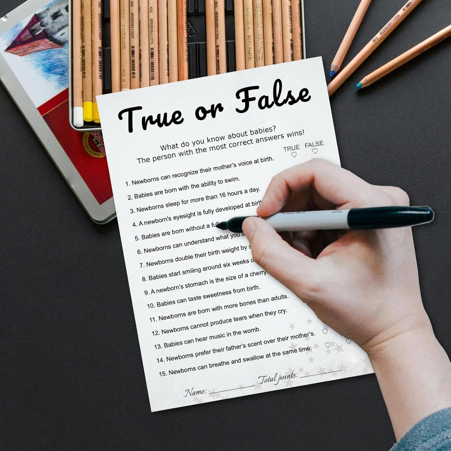 Baby Shower True or False Trivia Game Cards - 30 Player Minimalist Party Game Kit, Light Gray Stars Design, Ready to Play with Answer Keys, 5x7 Inch (True or False)