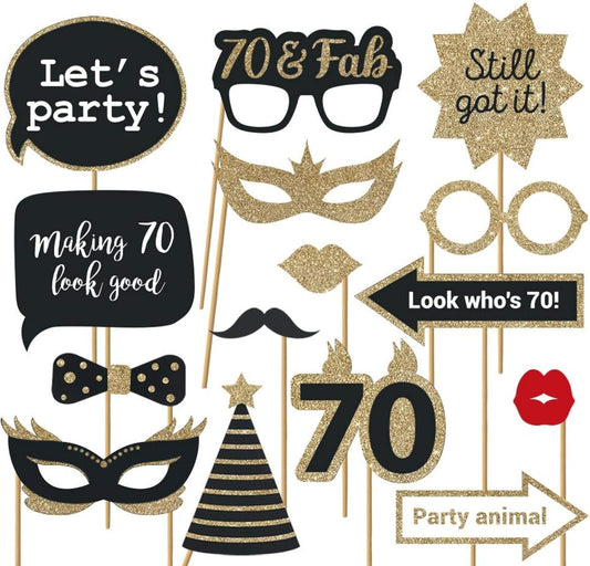 Fully Assembled 70th Birthday Photo Booth Props - Set of 30 - Black & Gold Selfie Signs - 70th Party Supplies & Decorations - Cute Bday Designs with Real Glitter - Did We Mention No DIY