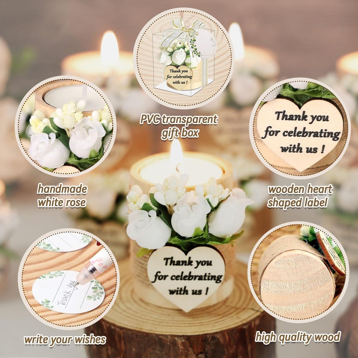 24 pcs Handmade White Rose Wood Tealight Candle Holder,Bridal Shower Tealight Holder Thank You Gifts, Wedding Favors for Guests, Wooden Cylinder Candle Holders for Table Centerpiece