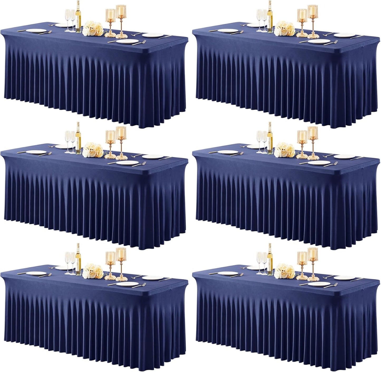 6 Pack Navy Blue Table Cloths for 6FT Rectangular Tables, Stretch Spandex with Skirt, Wrinkle Resistant, All-Season, Elegant & Versatile, Ideal for Weddings, Banquets, Trade Shows