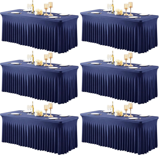6 Pack Navy Blue Table Cloths for 6FT Rectangular Tables, Stretch Spandex with Skirt, Wrinkle Resistant, All-Season, Elegant & Versatile, Ideal for Weddings, Banquets, Trade Shows