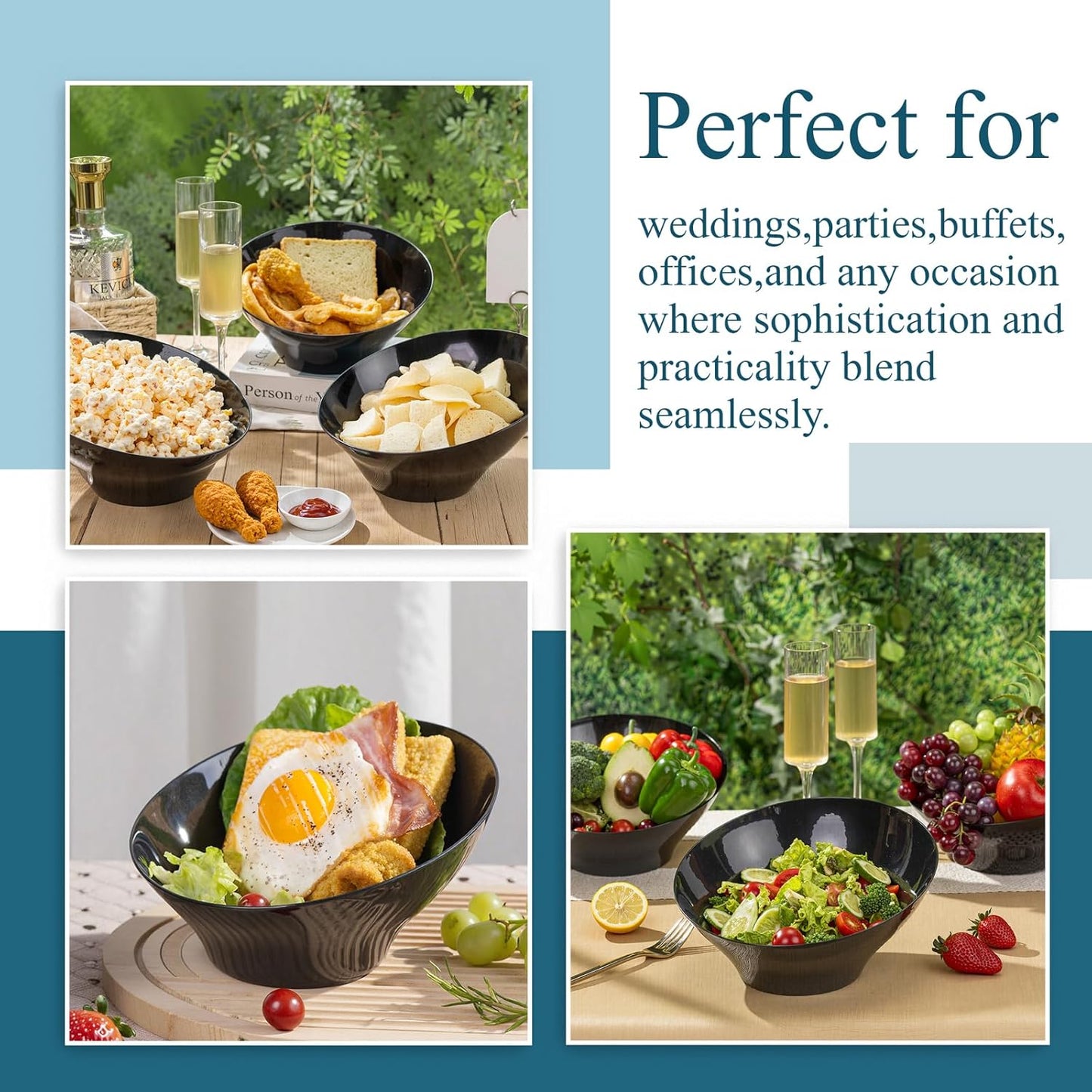 Liacere 16 Pack Black Plastic Bowls - Black Serving Bowls - 20 OZ Angled Bowl Disposable for Chip,Candy,Salad and Fruit - Ideal for Wedding & Party & New Year