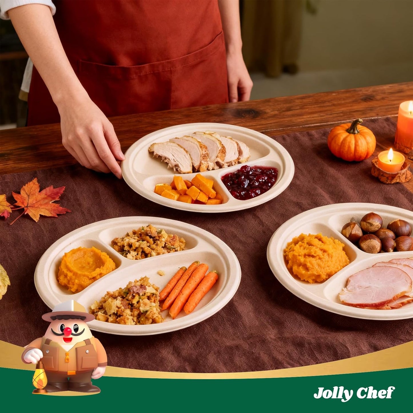 JOLLY CHEF Compostable 𝟯 Compartment Paper Plates 𝟭𝟬 𝗜𝗻𝗰𝗵 [𝟭𝟮𝟱 𝗣𝗮𝗰𝗸] Heavy Duty Divided Disposable Eco-Friendly Bagasse Biodegradable Round Trays for Party Dinner Thanksgiving Day(Brown)