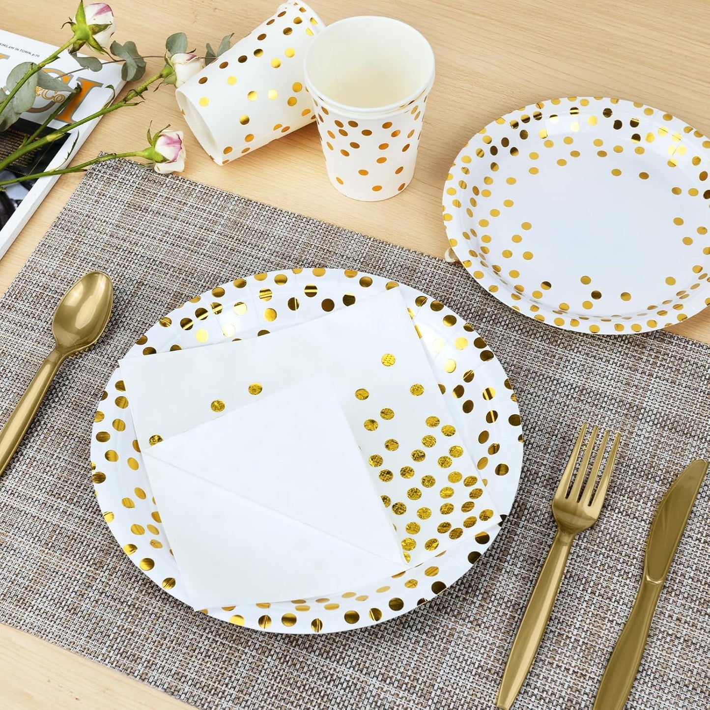 Party Supplies Set - 210 Pieces of White and Gold Dot Paper Plates, Cups, Napkins, and Heavy Duty Silverware for 30 Guests for Birthdays, Graduation, Wedding, Festivals