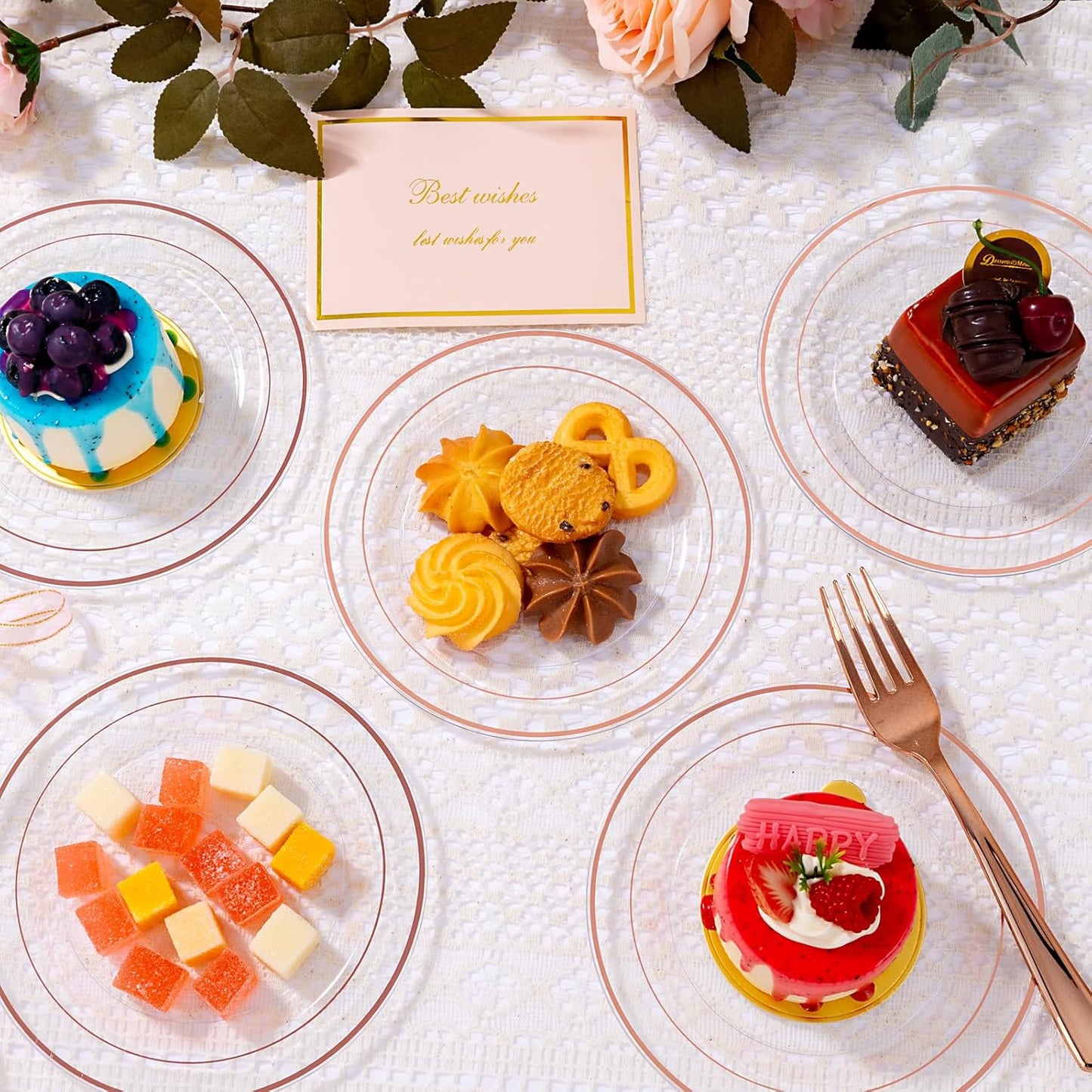 bUCLA 100PCS Clear Rose Gold Plastic Plates Disposable - Heavy Duty 6.25 Inch Clear Plastic Dessert Plates with Rose Gold Trim - Ideal for Party, Wedding & Mother’s Day