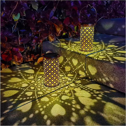 2 Pack Solar Lanterns Outdoor Hanging Heart Pattern Decor Lantern,Waterproof Hollow Out Metal Decorative Garden Light,Graceful Decoration for Patio,Yard,Landscape,Walkway,Festival