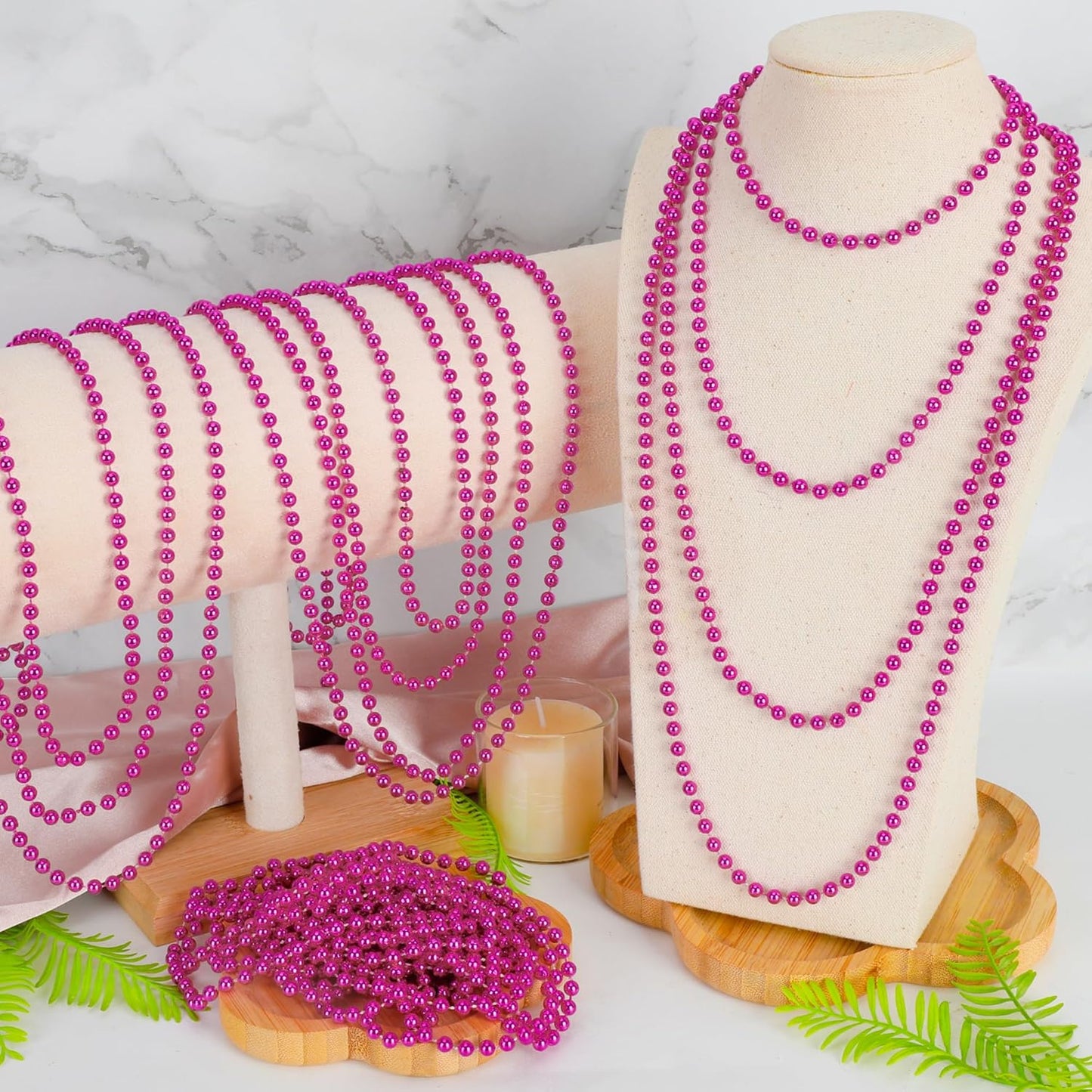 12 PCS Rosered Beads Necklaces, Breast Cancer Awareness Accessories, 33" Mardi Gras Beads Bulk, Round Christmas Necklace for Wedding Holiday Events Parade Pirate Party Favors Decorations