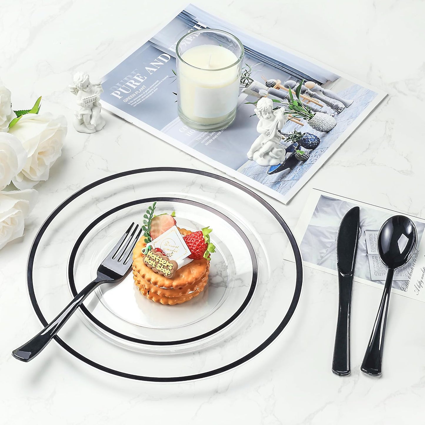 Goodluck 50 Set Black Pre Rolled Plastic Cutlery Set, Wrapped Silverware Set with 50 Forks, 50 Knives, 50 Spoons and 50 Napkins, Perfect for Party, Wedding, New Year