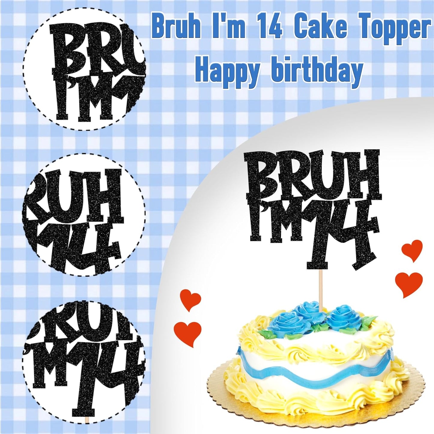 1 PCS Bruh I'm 14 Cake Topper Black Glitter Happy 14th Birthday Cake Pick Bro I'm 14 It's My 14th Birthday Cake Decoration for Cheers to 14 Years Birthday Party Decorations Supplies