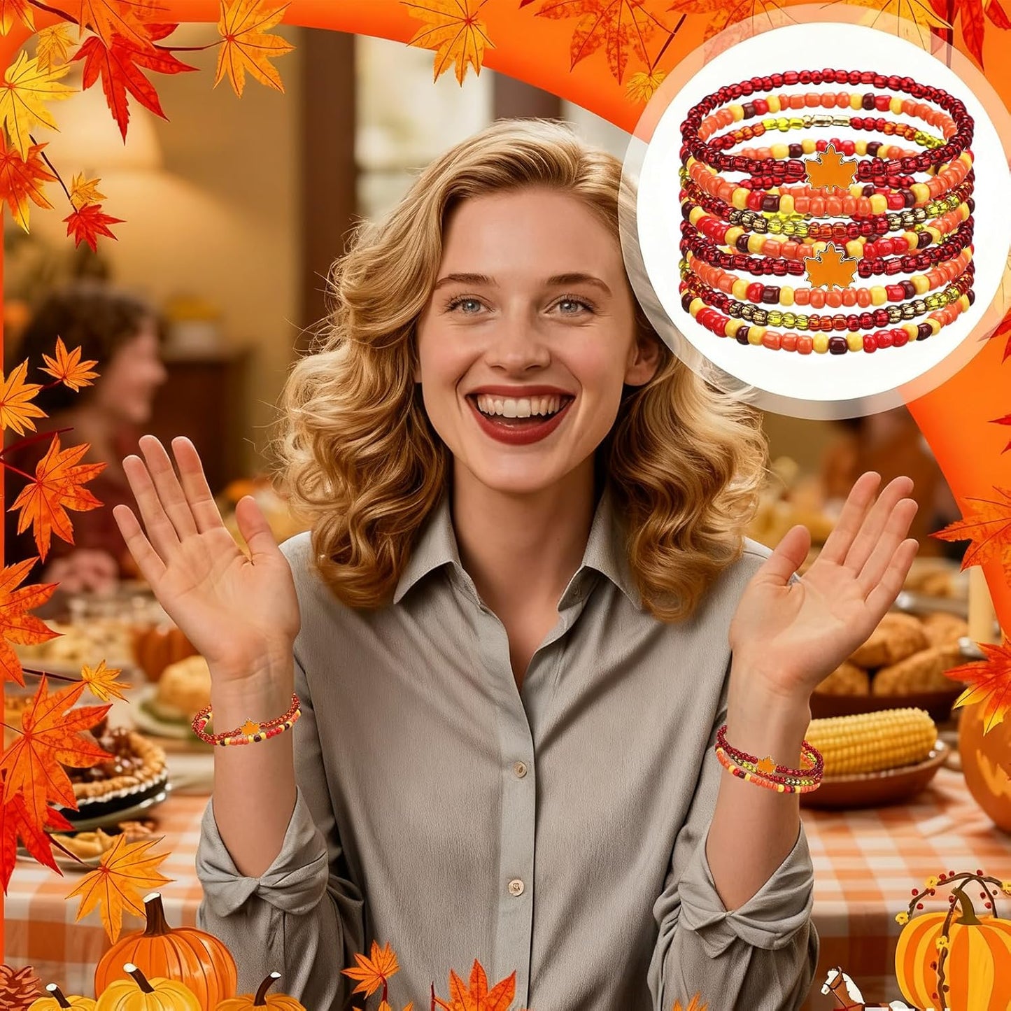 64 Pcs Thanksgiving Beaded Bracelets Fall Maple Leaf Beads Stretch Bracelet Thanksgiving Charm Bracelets Festive Jewelry Gifts for Women Men Accessories Party Favor Supplies