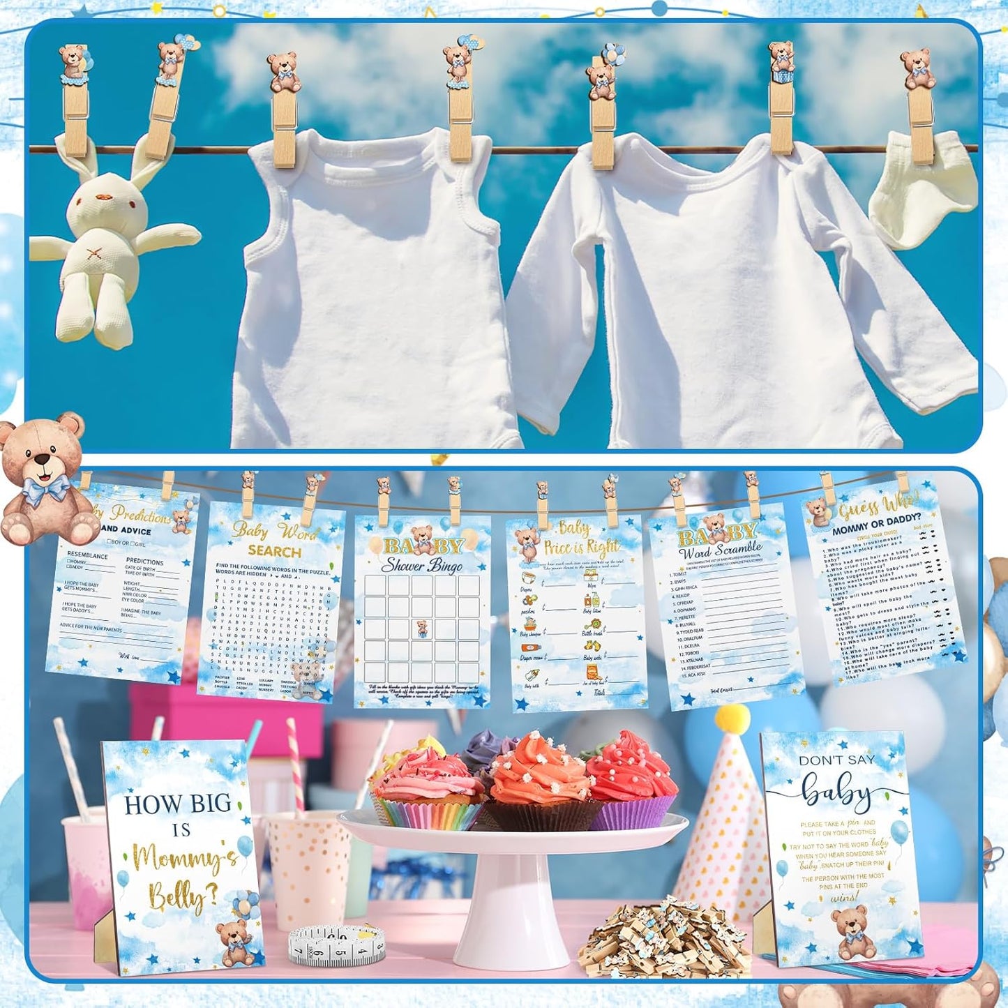 426 Pcs Bear Baby Shower Games Set-8 Games, Includes Baby Shower Bingo, Price is Right, Guess Who, Word Scramble, Prediction and Advice, How Big is Mommy's Belly, Don't Say The Words