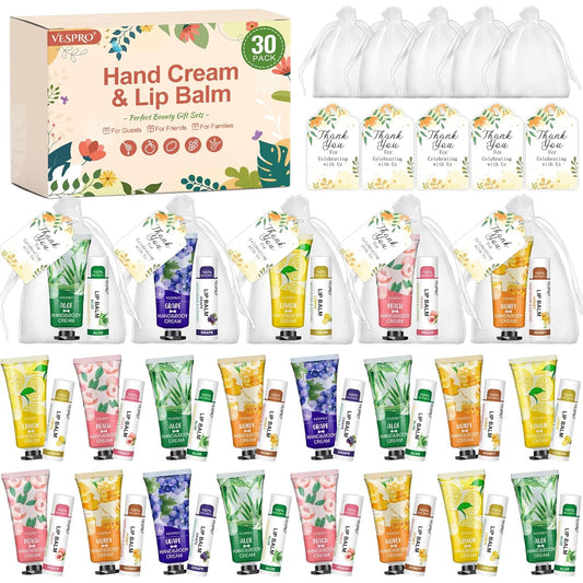 30 Sets Bulk Hand Cream and Bulk Lip Balm Gifts, Stocking Stuffers for Women, Wedding Favors for Guests with Thank You Card and Organza Bags, Christmas Gifts, Employee Appreciation Gifts