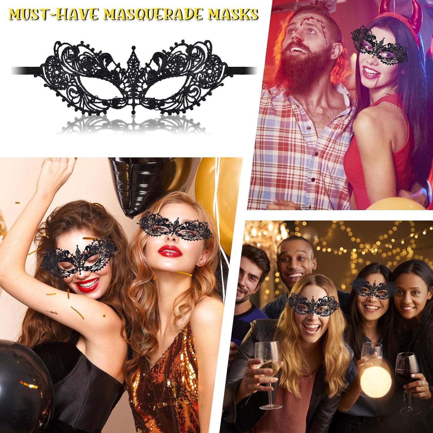 Gold Venetian Masquerade Mask for Women | Lace Mask w/Stick for Mardi Gras Halloween Party