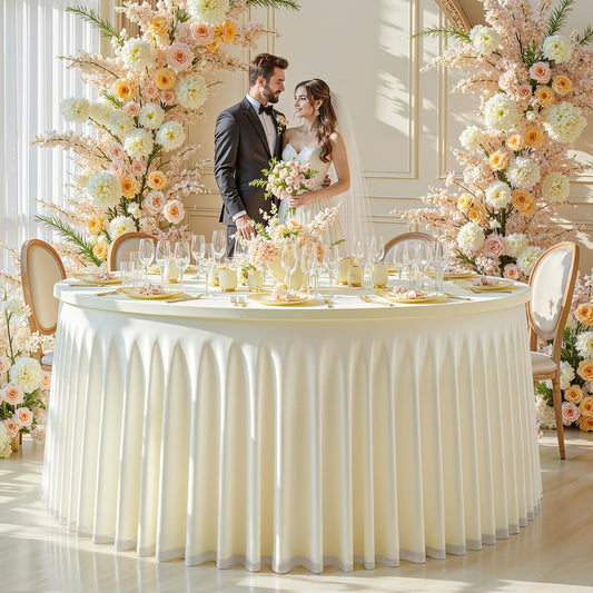 Ivory Tulle Round Tablecloth for 60 inch Tables, Spandex Fitted 5FT Ivory Round Table Covers with Tulle Skirt for Baby Shower Wedding Birthday Party Cake Banquet Table Decoration