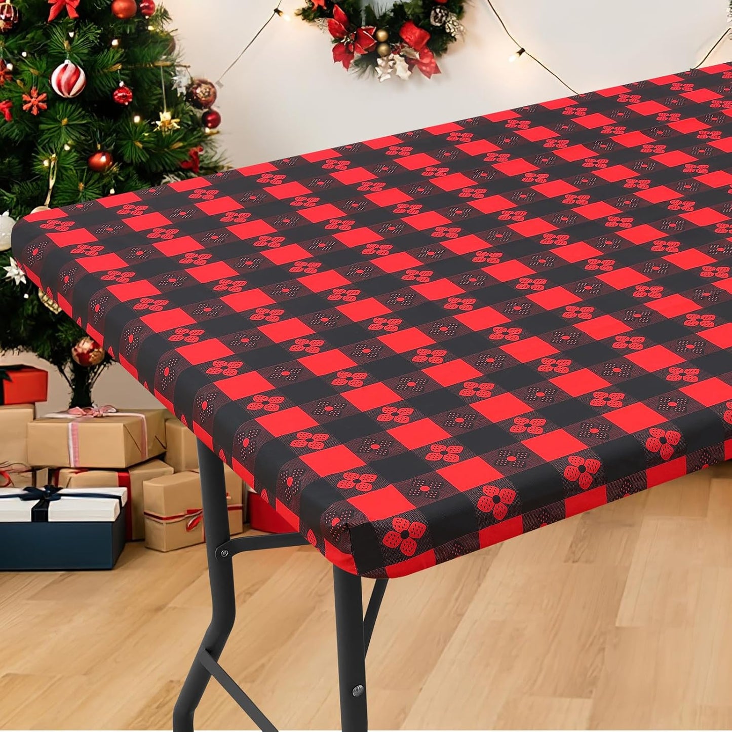 Rectangle Vinyl Table Cloth, Waterproof Elastic Fitted Tablecloth with Flannel Backing, Plastic Table Cover for Picnic, Camping, Outdoor (Black & Red, 30"x72")