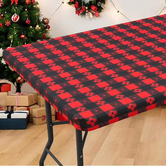 Rectangle Vinyl Table Cloth, Waterproof Elastic Fitted Tablecloth with Flannel Backing, Plastic Table Cover for Picnic, Camping, Outdoor (Black & Red, 30"x72")