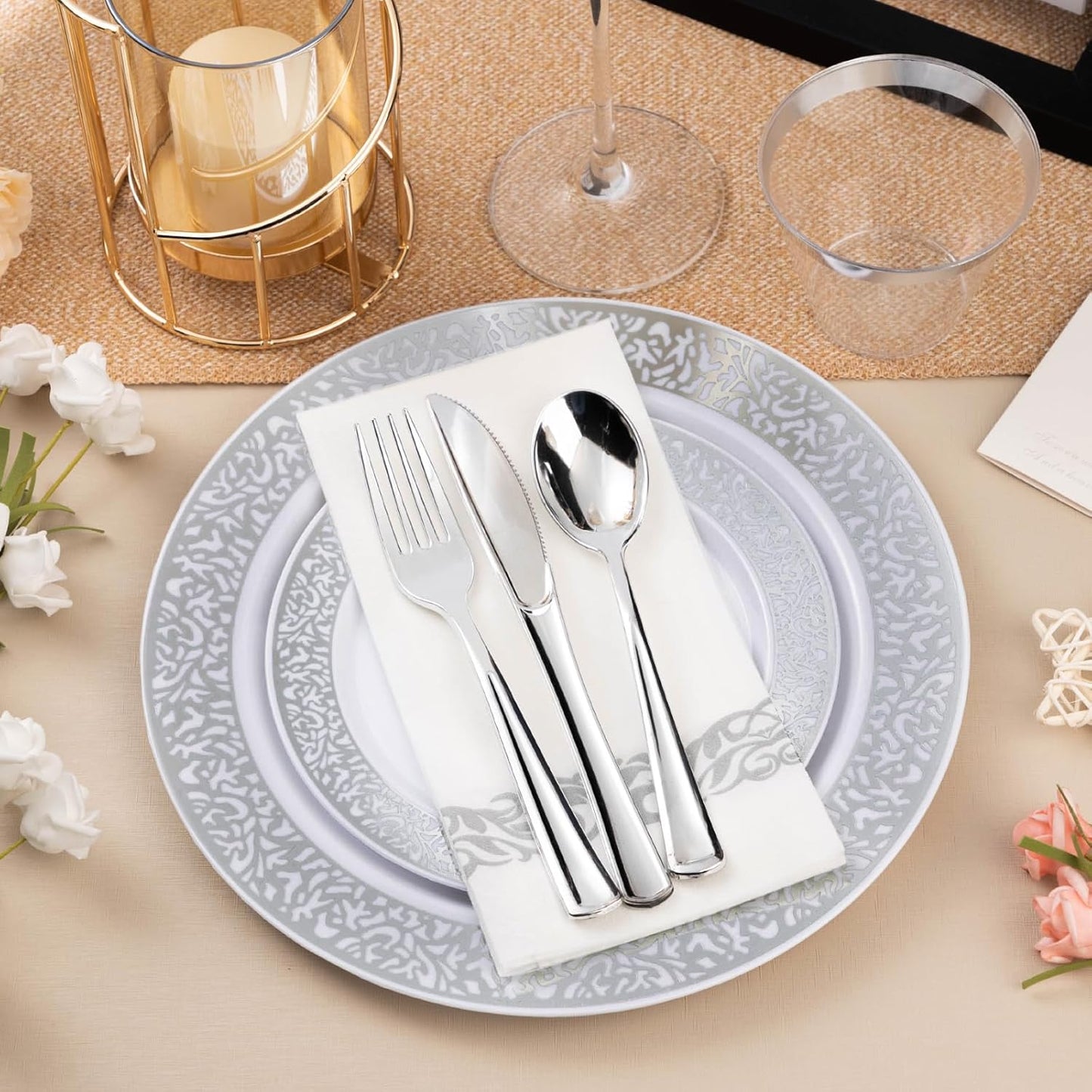 175PCS Silver Plastic Dinnerware Set for 25 Guests, Disposable Plates for Party, Wedding, Include 25 Dinner Plates, 25 Dessert Plates, 25 Set Silver Silverware, 25 Cups, 25 Napkins