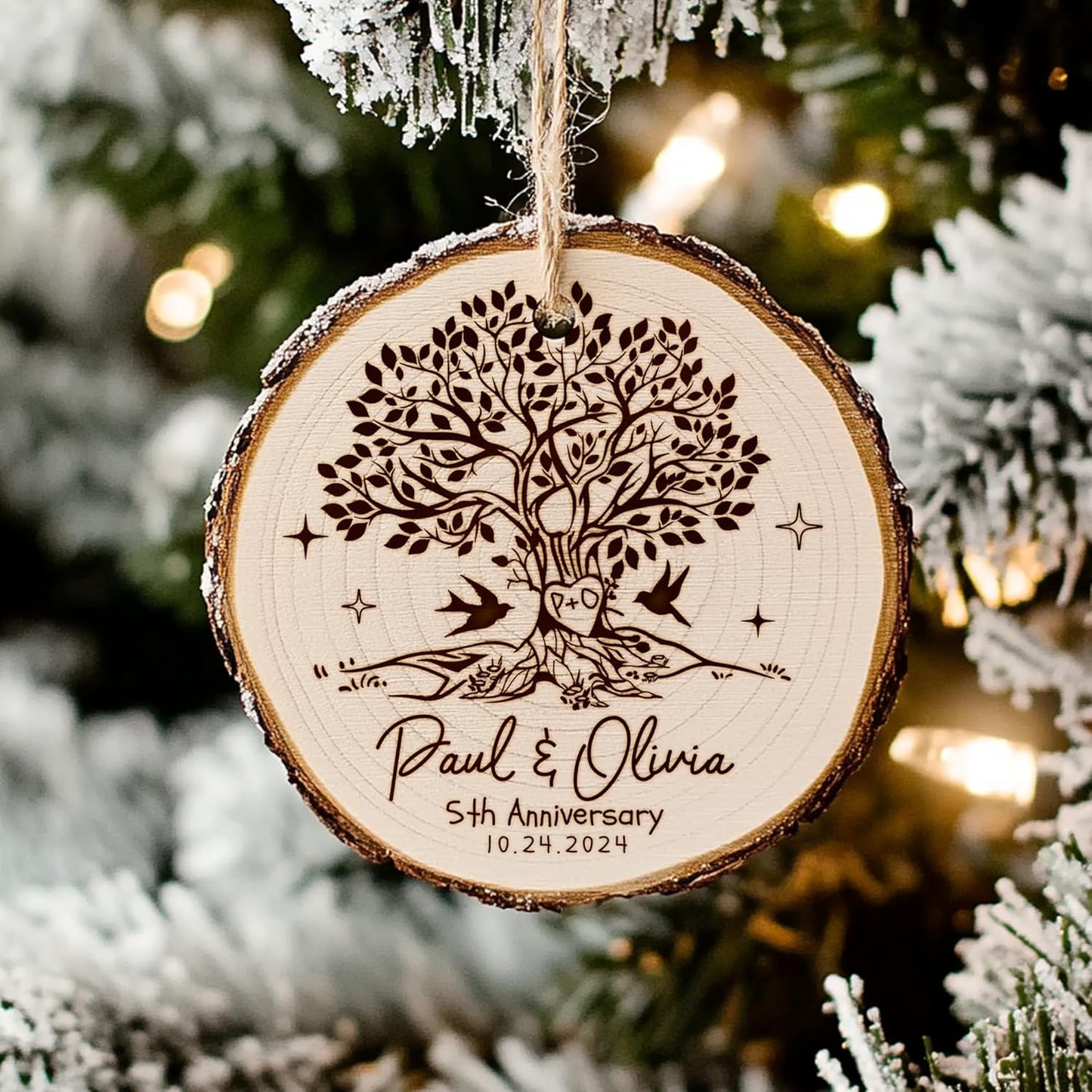 Personalized 5th Anniversary Wooden Ornament - 5 Year Anniversary Wedding Gifts for Couples, 5th Wedding Keepsake for Christmas Decoration