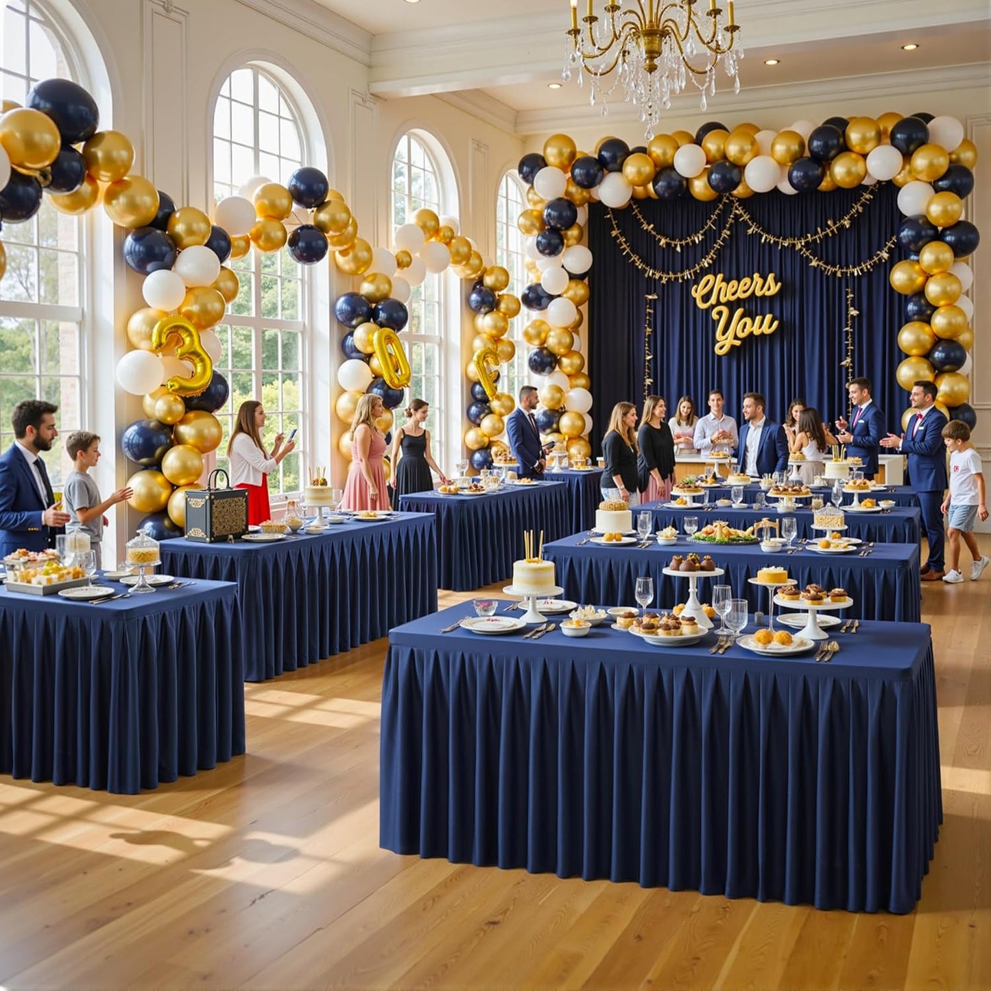 6 Pack Navy Blue Rectangle Tablecloth 8 FT Stretch Spandex Fitted Table Cloth for 8 Foot Rectangle Tables Banquet Tablecloths Wrinkle Free Table Cover Skirt Ruffle Tablecloth for Party Wedding