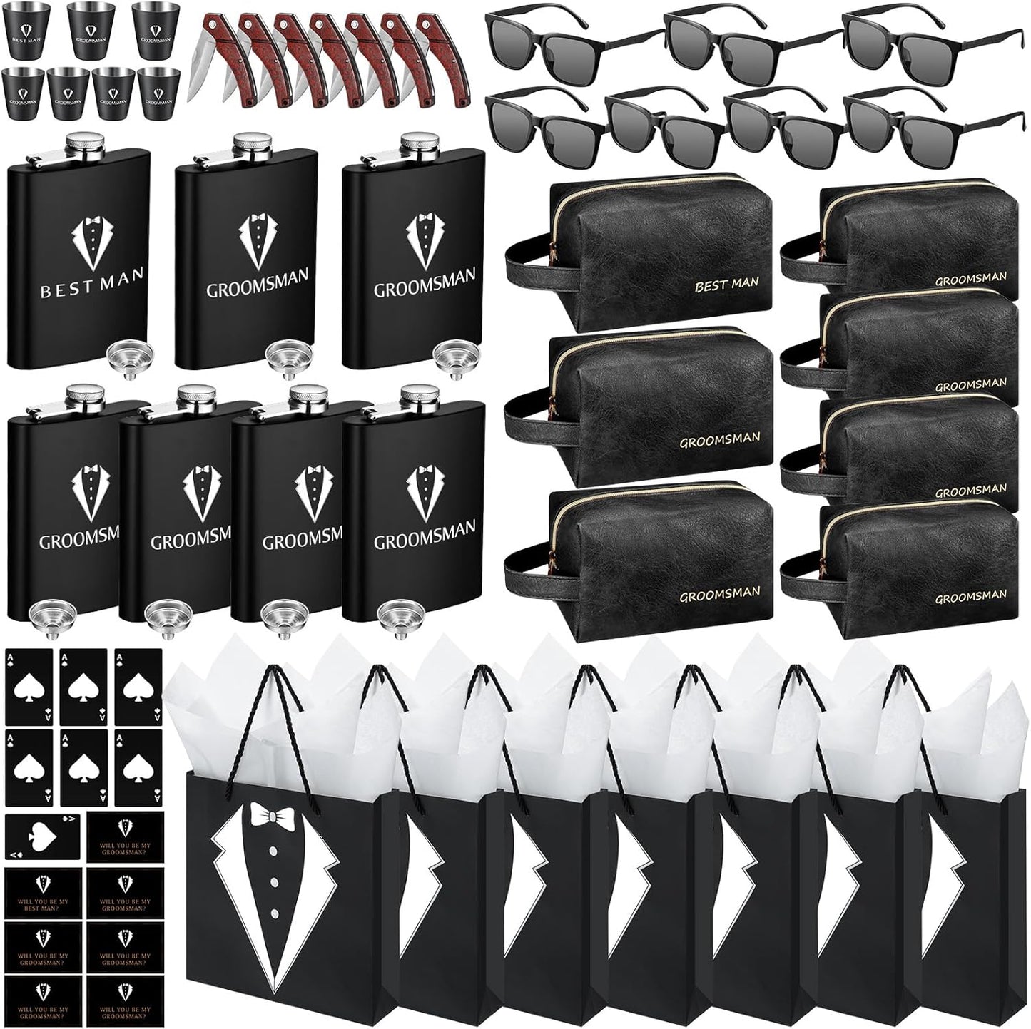 70Pcs Groomsmen Gifts Groomsmen Proposal Box with Flasks Sunglasses PU Leather Toiletry Bag Bottle Opener for Wedding Groomsman Best Man Gift (Black)