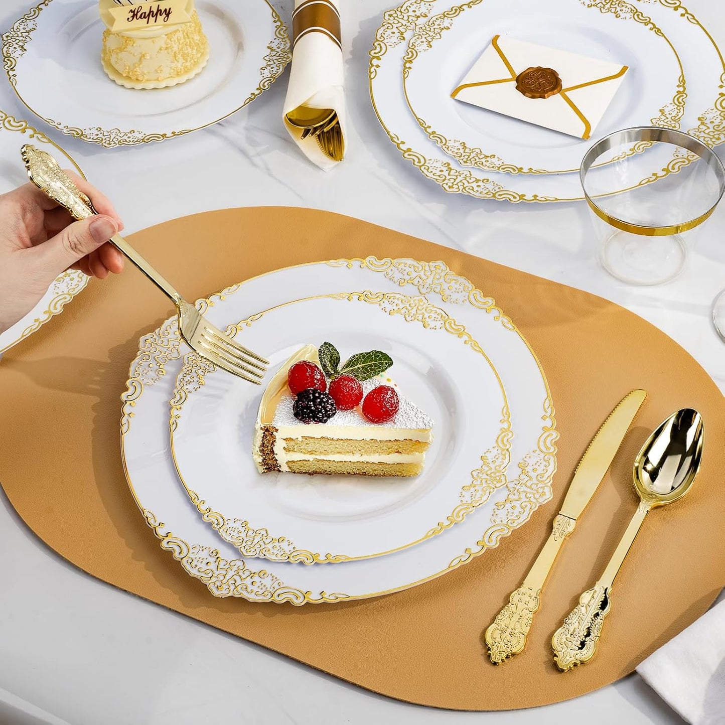 350PCS Gold Plastic Plates for 50 Guests, Disposable Dinnerware Sets Include 100 Gold Rim Plastic Plates, 50 Silverwares, 50 Cups, and 50 Pre Rolled Napkins for Party, Wedding, Graduation