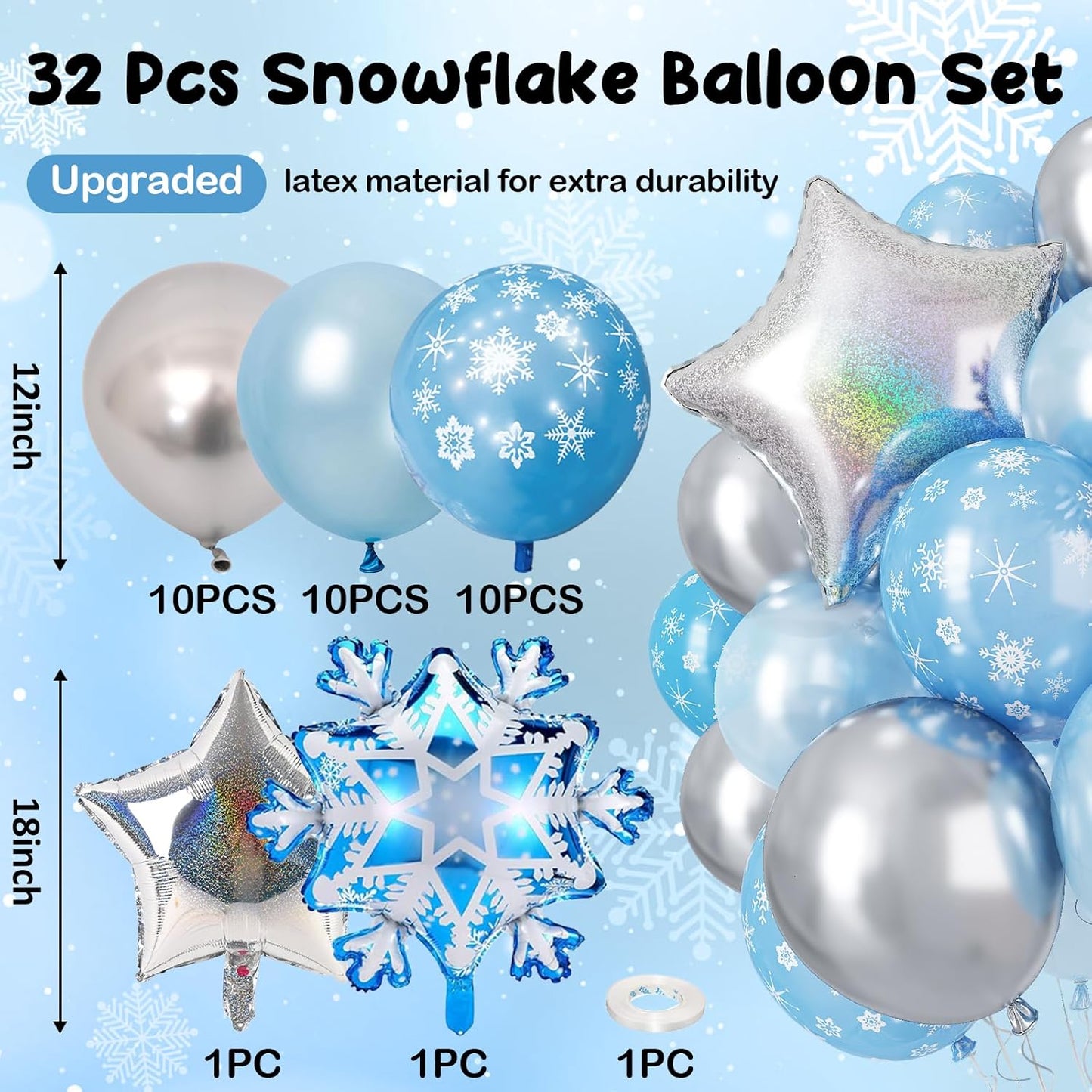Winter Snowflake Balloons, 12 Pearl Light Baby Blue Silver Latex Balloons with Star Snowflake Foil Balloon for Winter Wonderland Christmas Baby Its Cold Outside Shower Birthday Party Decorations