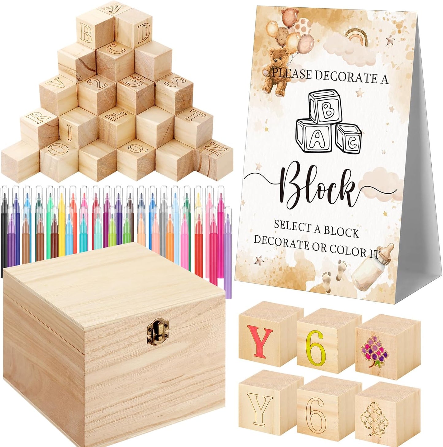 Marsui 136 Pcs Baby Shower Blocks to Decorate Game Kit Includes 98 Wooden Blocks, 36 Markers, 1 Game Sign, 1 Storage Box for Baby Shower Gender Reveal Activity Party Decorations(Brown Bear)