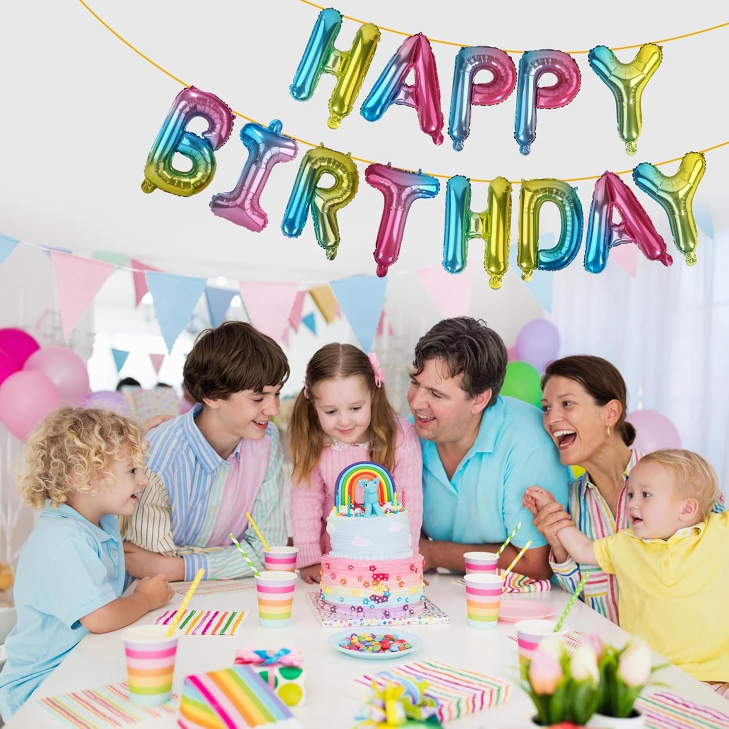 LIOZEOKUN Happy Birthday Balloon Letters 16 inch Mylar Foil Birthday Balloons Banner Sign for Birthday Party Decorations Supplies (Rainbow)